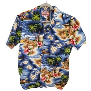 RJC Aloha Hawaiian‎ Shirt Mens Medium Blue Map Palm Hibiscus Made Hawaii USA